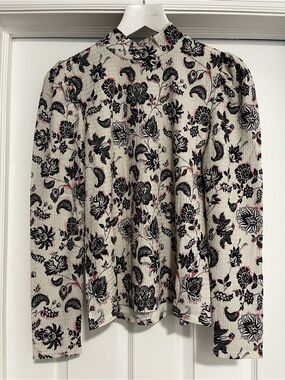 Cream Floral Mock Neck Blouse with Black & Pink Print